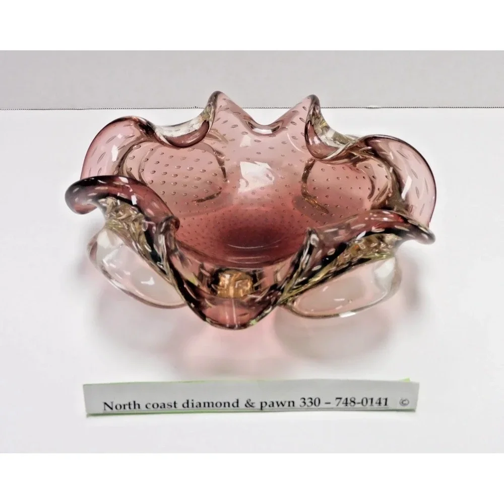 VTG Cranberry Murano Style Bullicante Art Glass Ruffled Bowl Purple 7 inch JC123